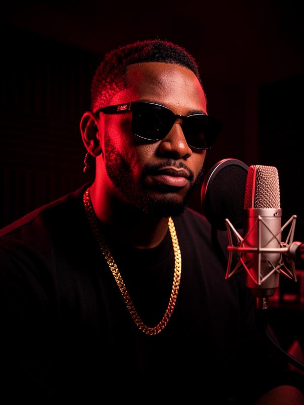 HIM THE GOD wearing sunglasses beside a microphone in red light