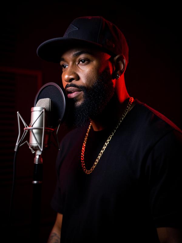ARP MUSIQ standing at the microphone under red studio lighting