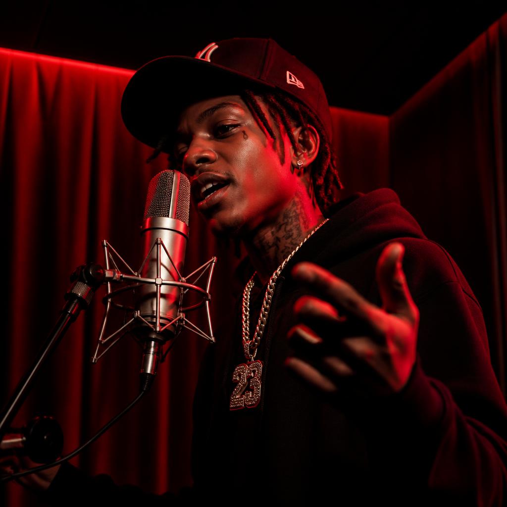 EMCEE performing into a studio microphone in the red-lit Outlet NYC room